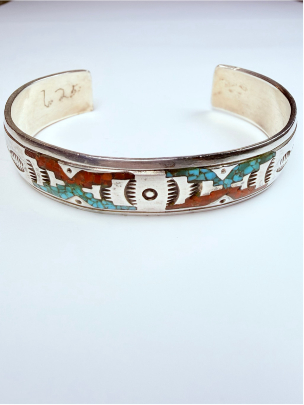 Native American Navajo Turquoise Coral Inlay Sterling Silver Cuff VTG Bracelet